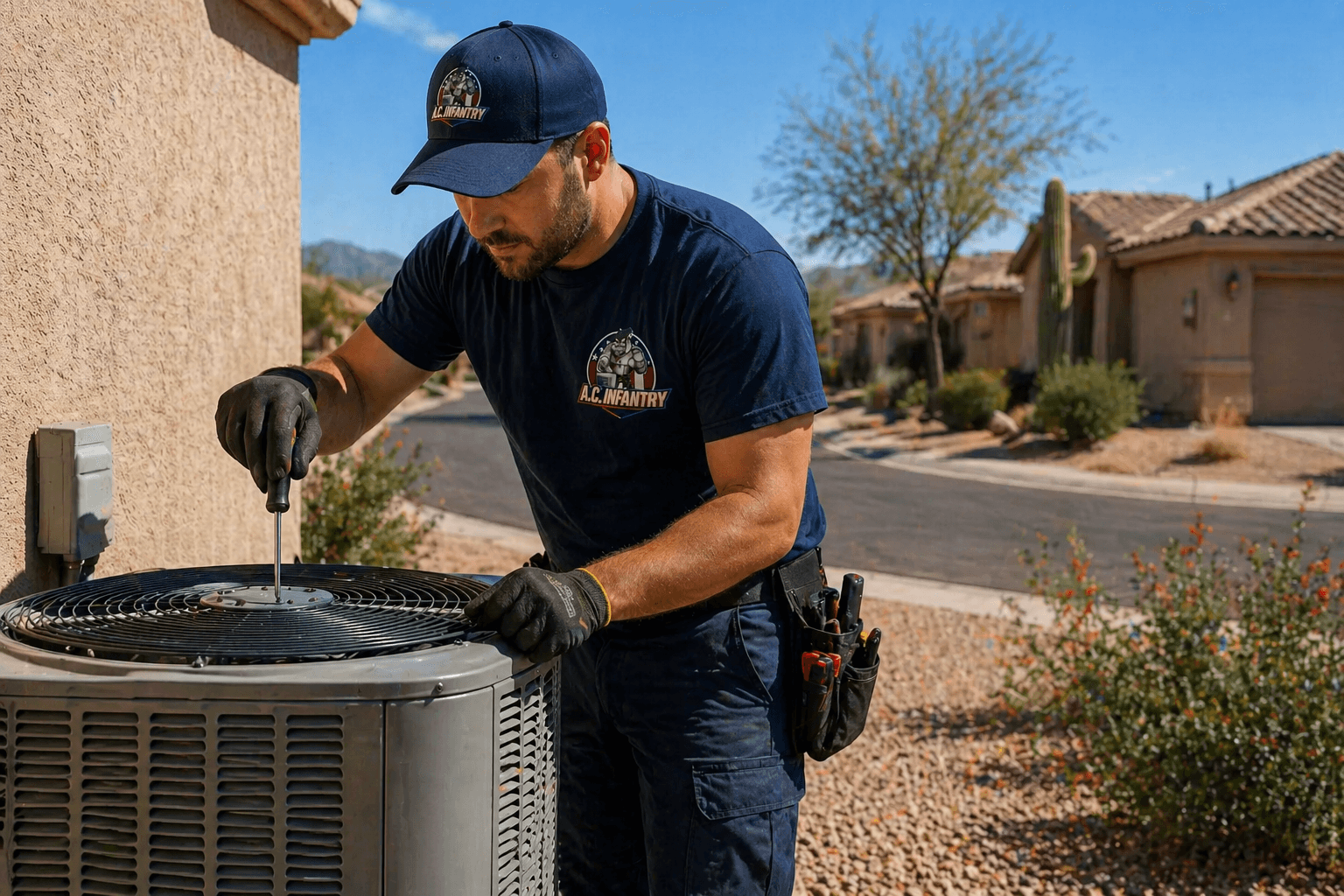 HVAC technician in blue uniform services an outdoor air conditioning unit on a sunny day.