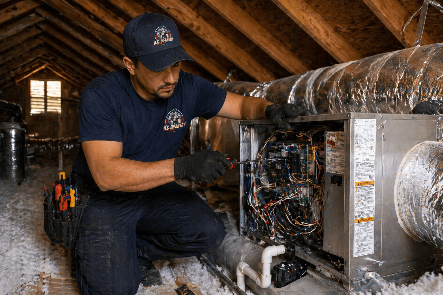 HVAC technician in navy uniform repairs complex electrical wiring inside a unit in an attic.