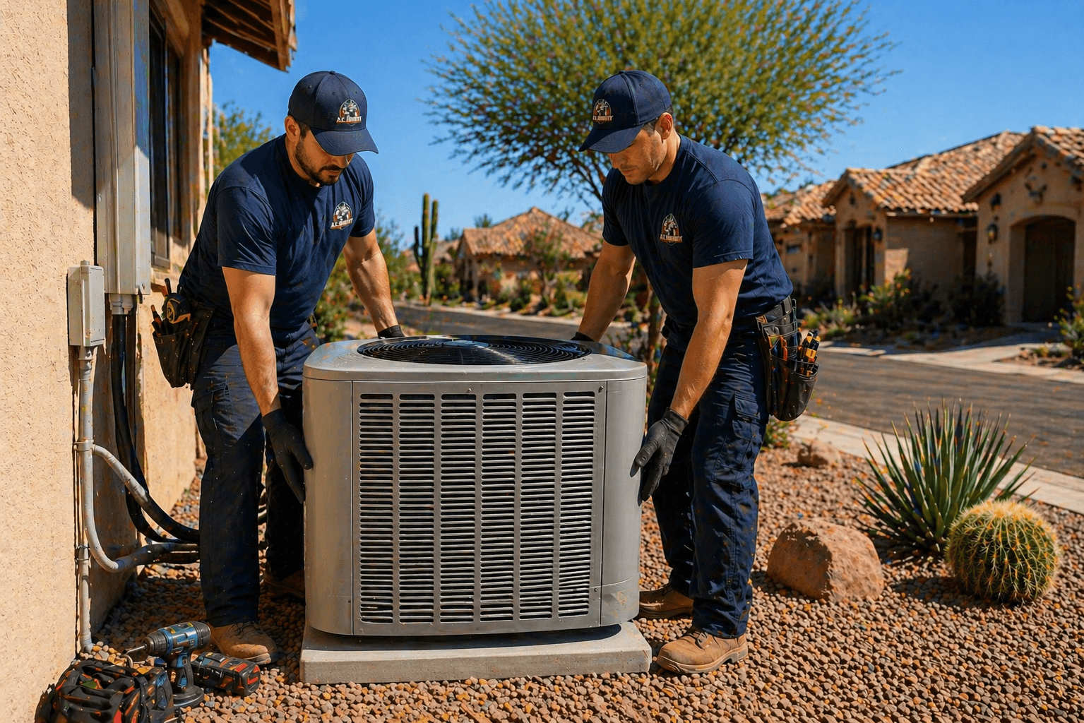 Two technicians in navy uniforms installing a large outdoor air conditioning unit on gravel.