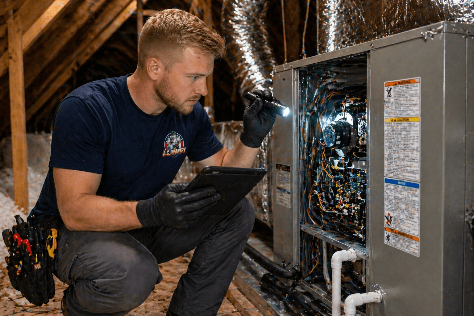 HVAC technician inspects internal wiring of an attic unit with a flashlight and tablet.