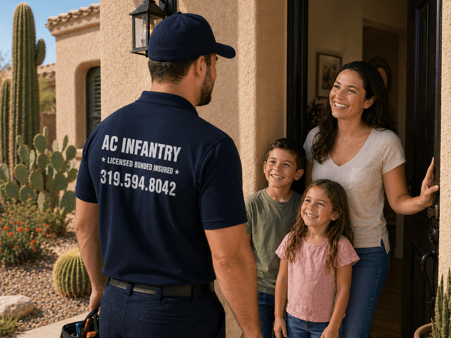 AC technician greets a smiling mother and two children at their desert home's front door.
